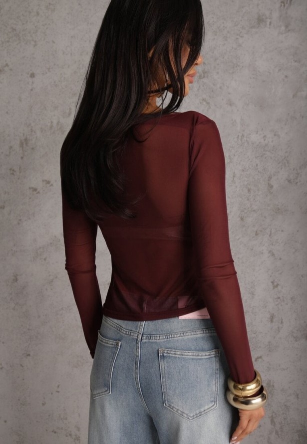 Bordowa Marszczona Bluzka z Siateczki Zdobiona Aplikacją w Kształcie Róży Olirisa