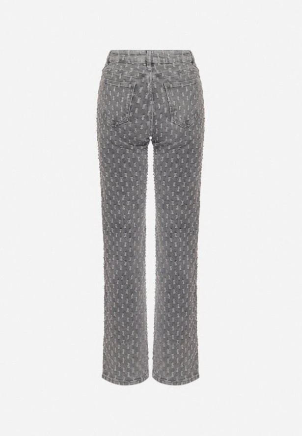 Szare Szerokie Jeansy z Wysokim Stanem Zdobione Tłoczonymi Przetarciami Ulindra