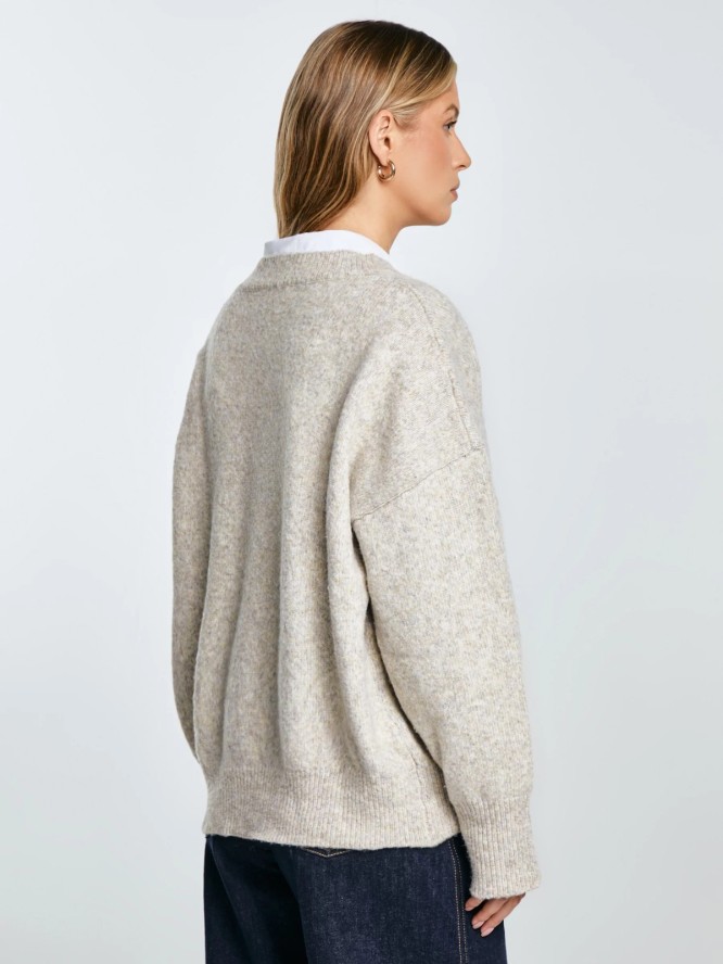 Sweter damski v-neck oversize z dodatkiem wełny beżowy Violina 801