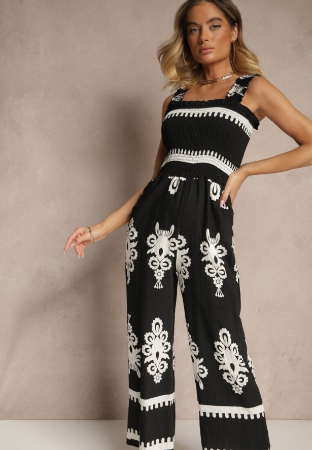 Czarny Kombinezon Wide Leg z Wiskozy na Ramiączkach Zdobiony Etnicznym Wzorem Melriti