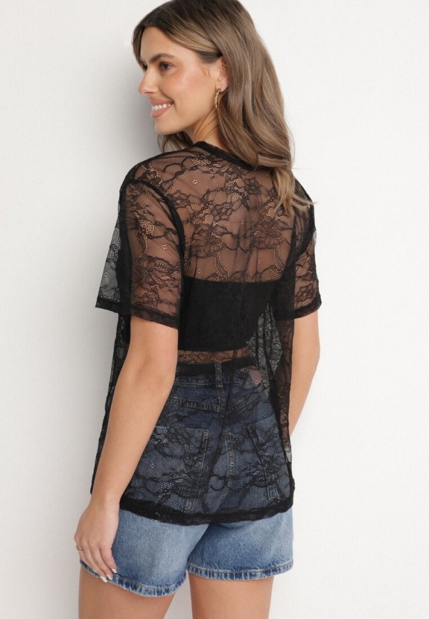 Czarna Koronkowa Bluzka Prześwitująca z Wiskozą Liosaine