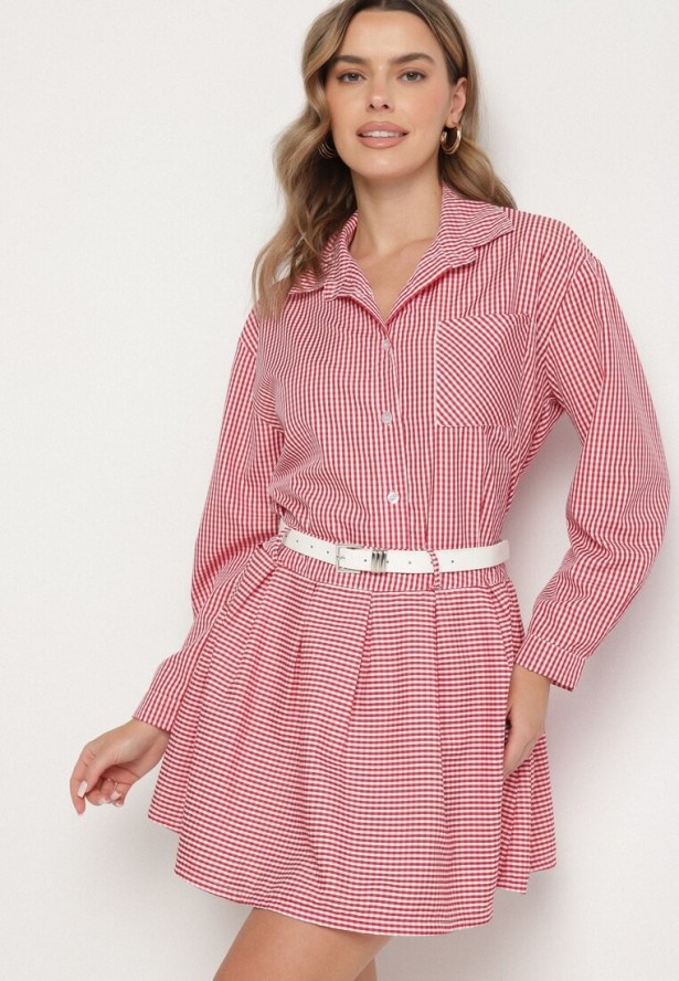 Czerwony Komplet Koszula i Rozkloszowana Spódnica Novarene