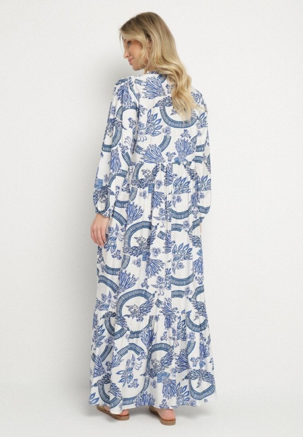 Niebieska Sukienka z Wiskozą o Rozkloszowanym Kroju z Wiązaniem w Roślinny Wzór Korivona