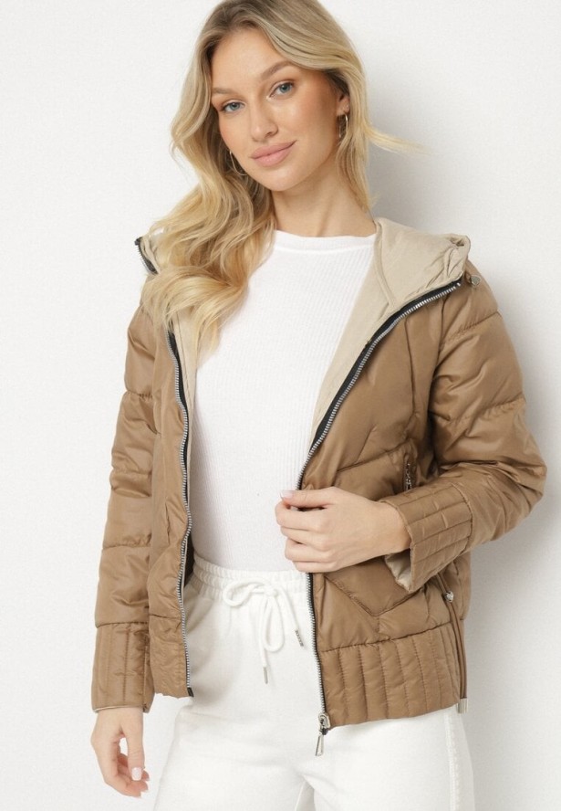 Ciemnobeżowa Dwustronna Kurtka Pikowana z Kieszeniami i Kapturem Eralethra