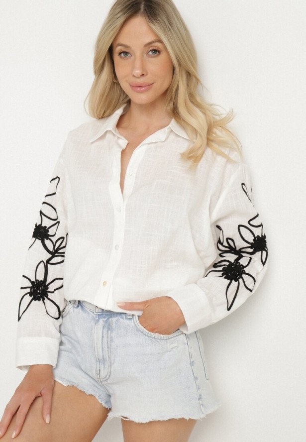 Biała Bawełniana Koszula Oversize z Kwiatowymi Aplikacjami Fadella