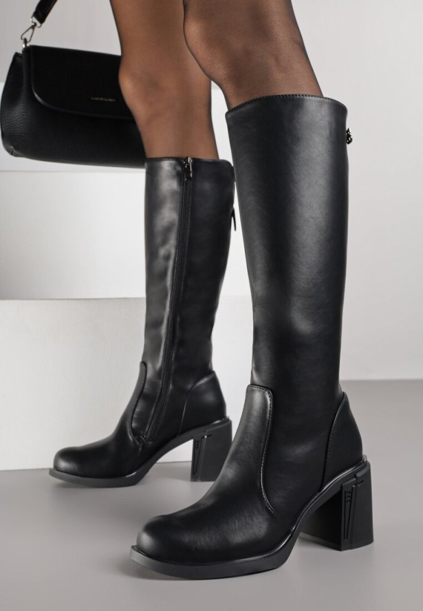 Czarne Kozaki VICES na Słupku ze Skóry Naturalnej Ozdobione Aplikacjami Refesa