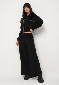 Czarny Komplet Dresowy z Wiskozą Szerokie Spodnie i Bluza ze Stójką i Broszką Redasena