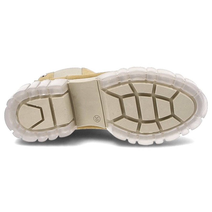 Botki damskie Lemar, wykonane ze skóry zamszowej z elastycznymi panelami bocznymi masywną podeszwą z tworzywa i pętelką z tyłu cholewki, piaskowe, 30