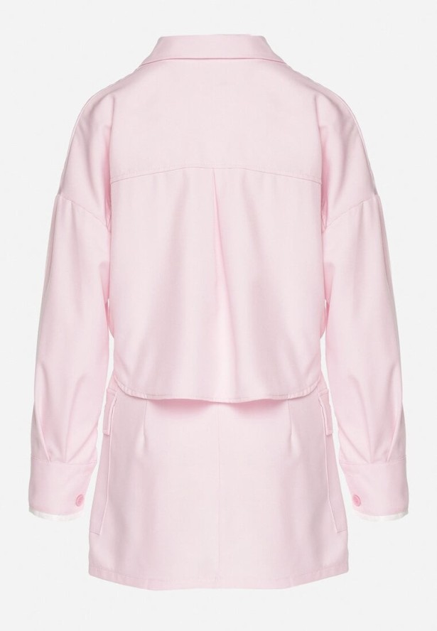 Różowy Komplet Koszula i Spódnica z Imitacją Kieszeni Zensedi