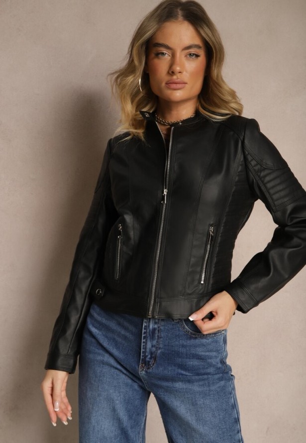 Czarna Motocyklowa Kurtka Ramoneska ze Stójką i Napami Taliritta