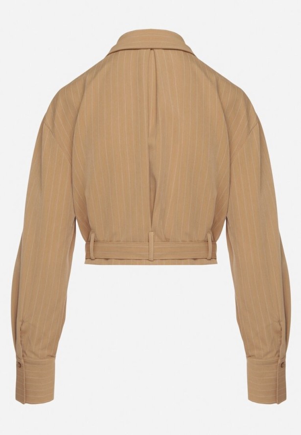 Beżowa Krótka Koszula z Ozdobnym Paskiem z Klamrą na Dole Arirti