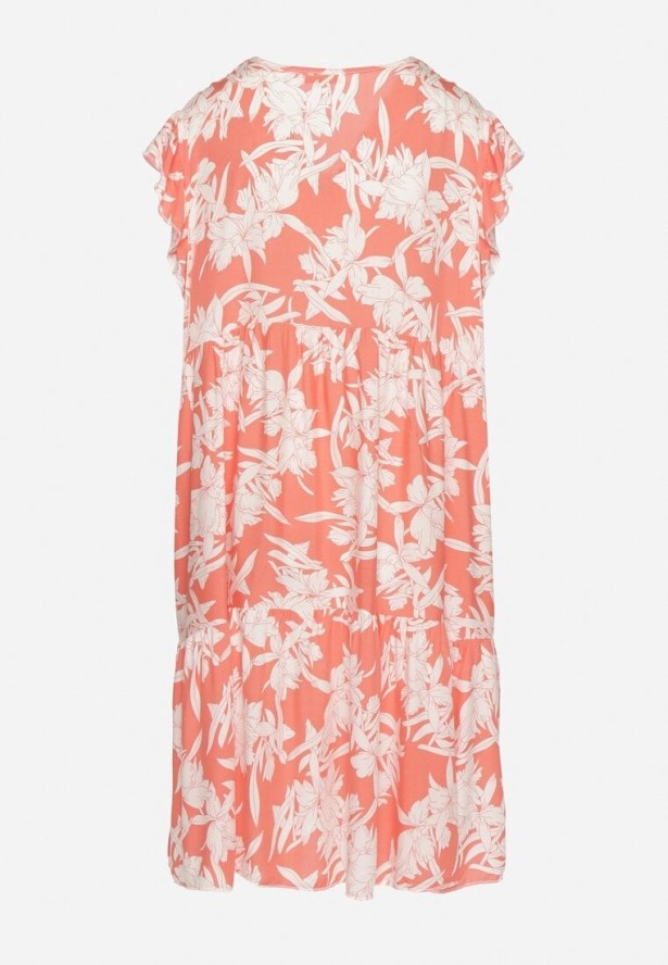 Różowa Bawełniana Sukienka o Rozkloszowanym Kroju w Kwiaty Libella