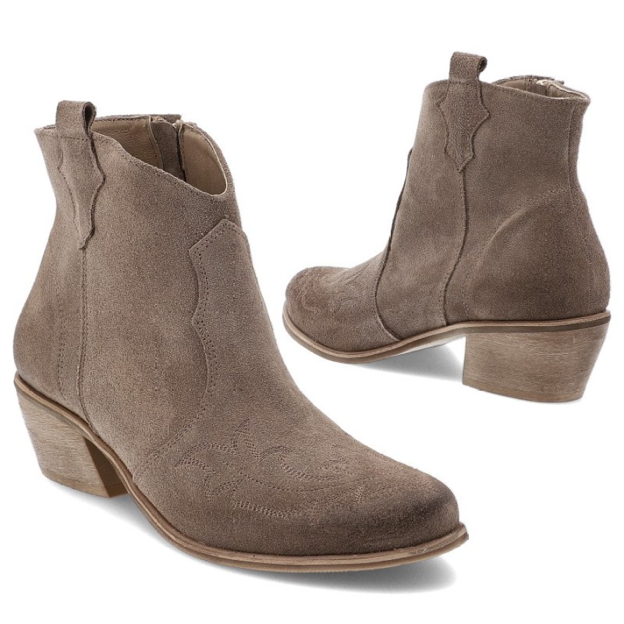 Botki damskie Armodo, kowbojki za kostkę zamszowe skórzane z wzorami na klocku i na zamek, beżowe, 1515