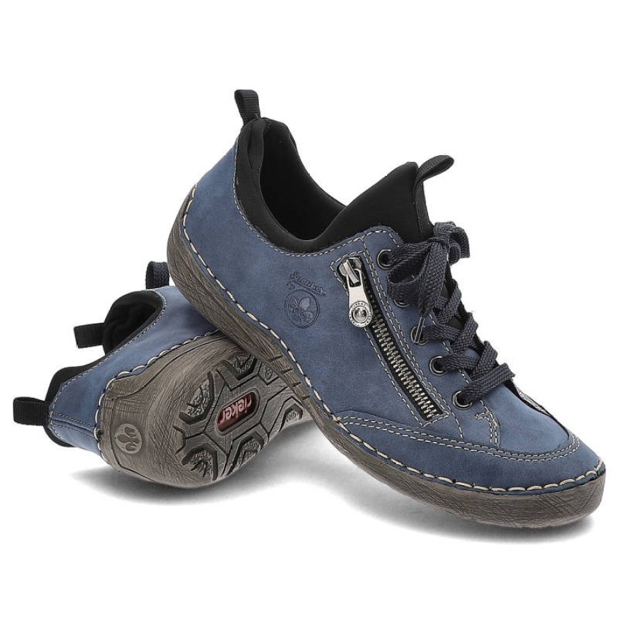 Półbuty damskie Rieker, skórzana cholewka o matowym wykończeniumiękka konstrukcjapłaska podeszwa, blau kombi, 52573-14