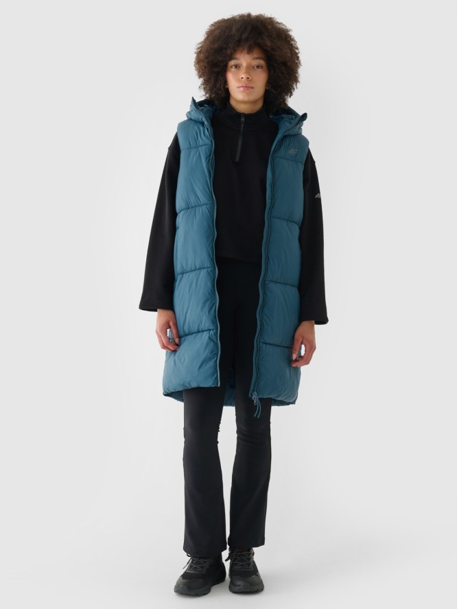 4F Długi bezrękawnik puchowy pikowany z kapturem damski - turkusowy XS