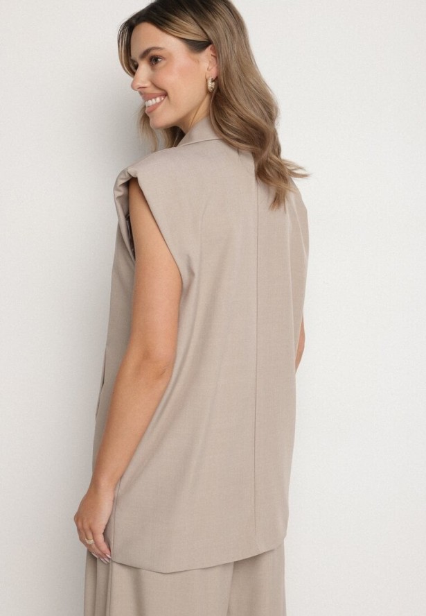 Beżowa Kamizelka Garniturowa z Usztywnionymi Ramionami Ellavessa