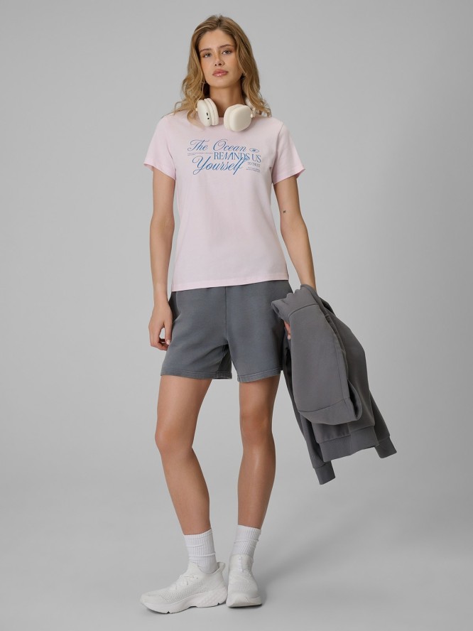 4F T-shirt regular z nadrukiem damski - różowy XS
