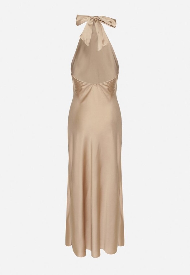 Beżowa Satynowa Sukienka Koktajlowa z Dekoltem Halter Annela