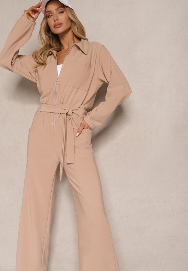 Ciemnobeżowy Kombinezon z Elastyczną Gumką w Pasie z Dodatkowym Wiązaniem o Luźnym Kroju Creera