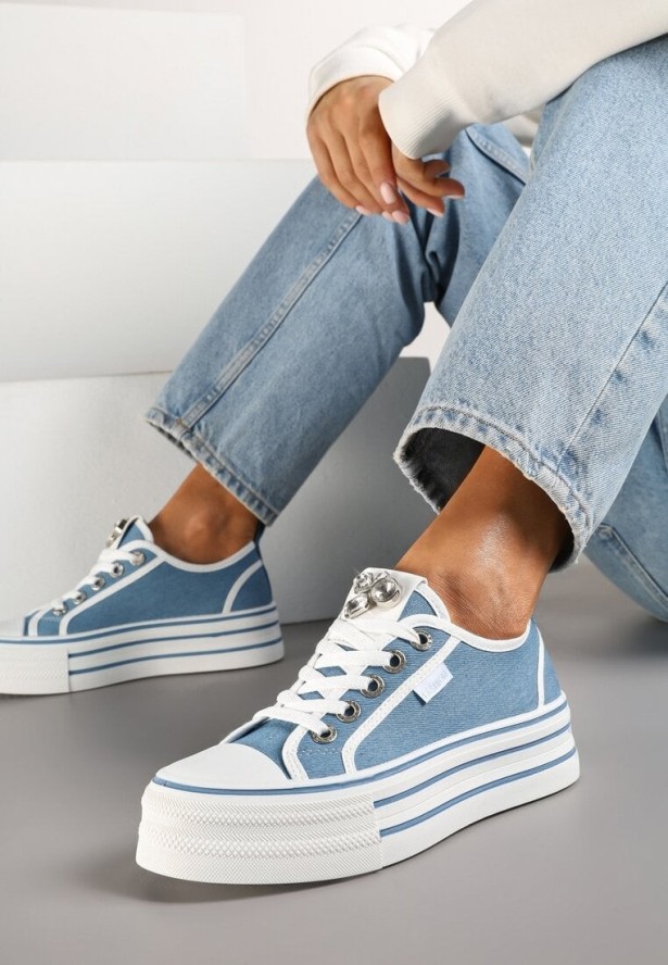 Niebieskie Trampki na Grubej Podeszwie z Aplikacją z Cyrkoniami Galtewin