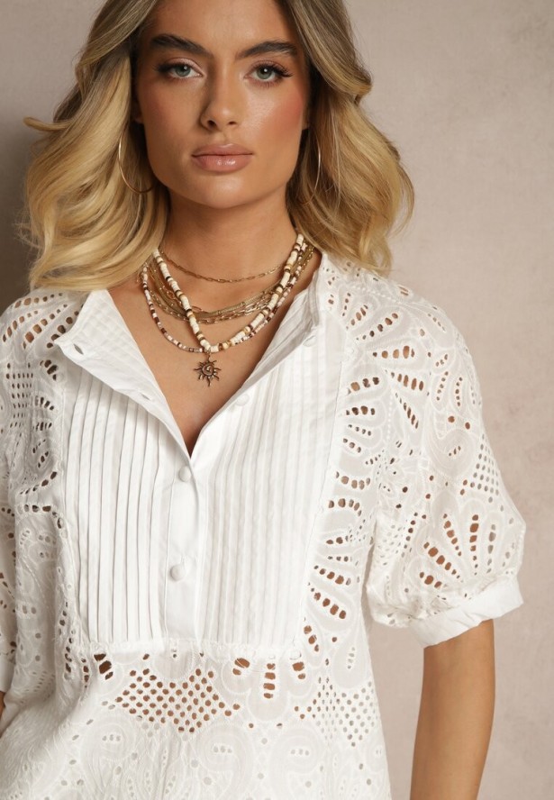 Biały Ażurowy Komplet z Szortami i Bluzką z Wiskozy i Bawełny Haloniela