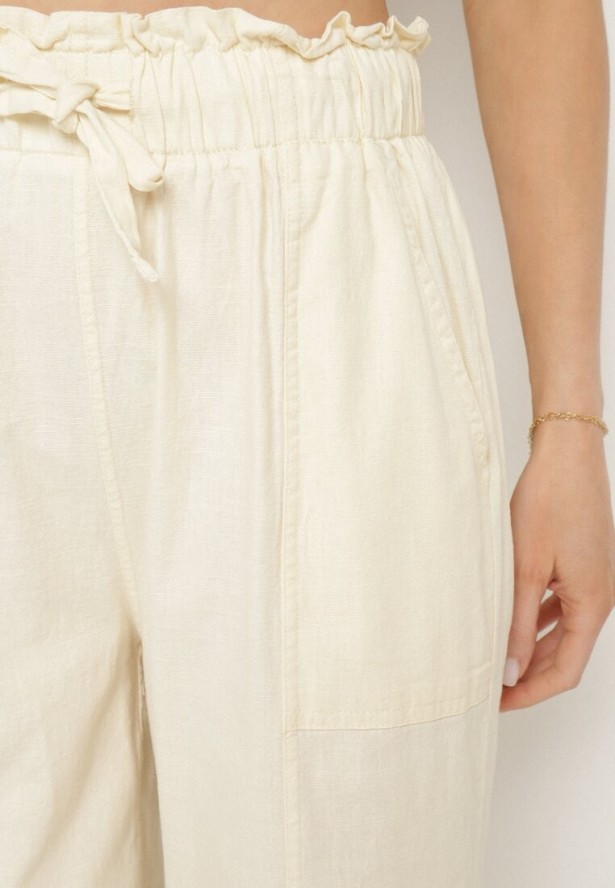 Jasnobeżowe Bawełniane Spodnie z Wysokim Stanem i Ozdobnym Wiązaniem Vilwia