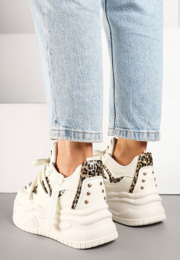 Beżowo-Panterkowe Sneakersy w Streetwearowym Stylu na Tłoczonej Platformie z Brokatem Mailienne