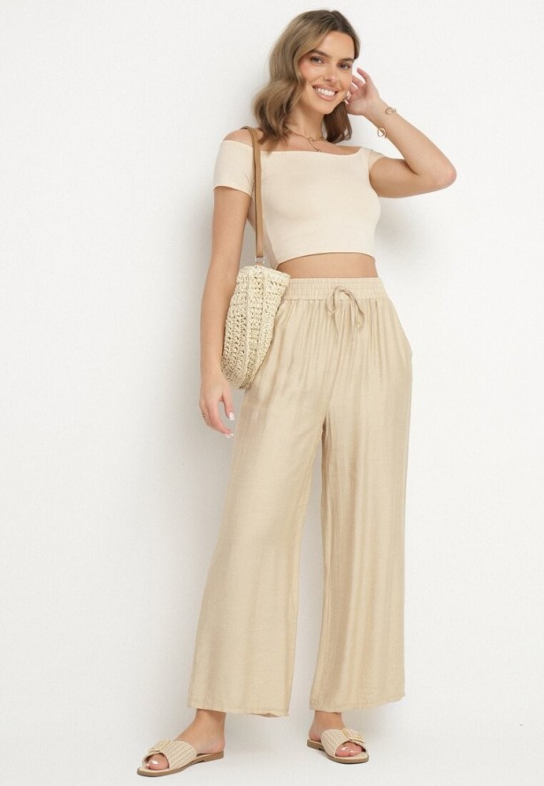 Beżowe Szerokie Spodnie Palazzo z Wysokim Stanem i Wiązaniem Myrlevia
