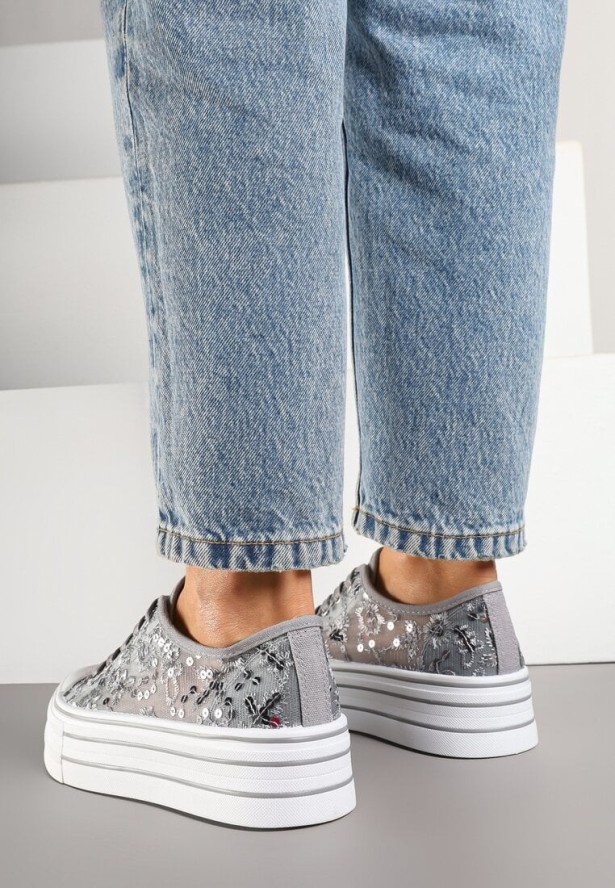 Szare Trampki Vices z Siateczki z Cekinami na Grubej Podeszwie Telanila