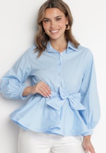 Niebieska Koszula z Gumką w Talii z Materiałowym Paskiem Lanothia