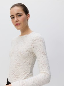 Koronkowe body z długimi rękawami - złamana biel