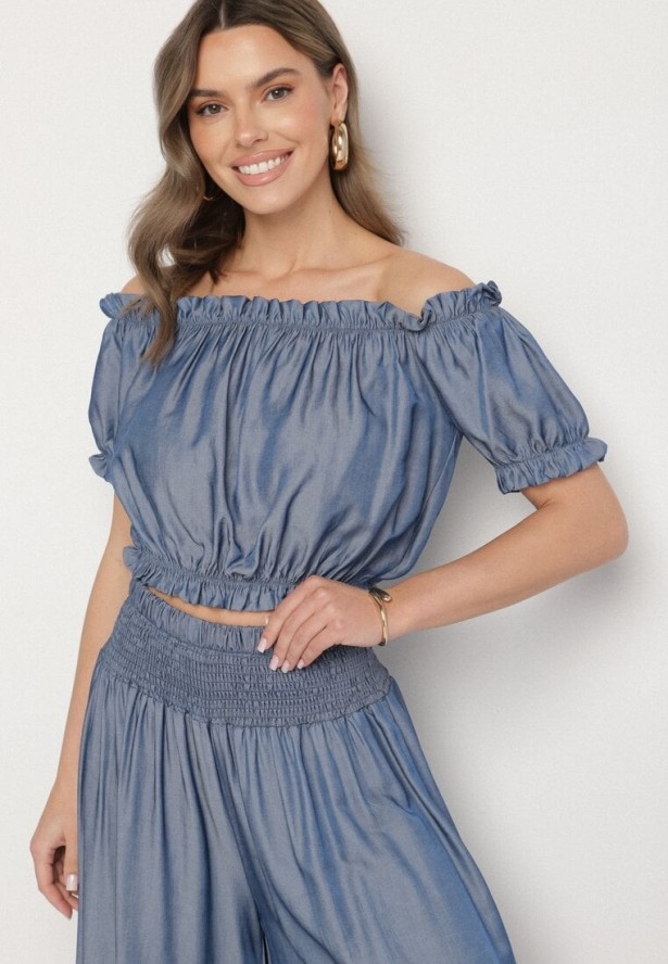 Niebieski Komplet z Wiskozy Bluzka Hiszpanka i Szerokie Spodnie Efrale