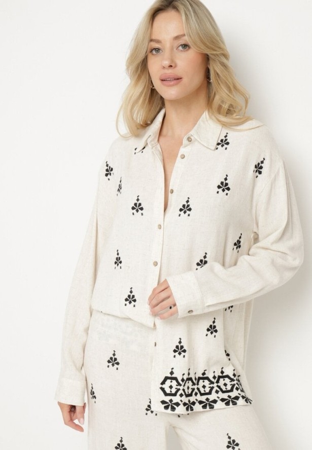 Biało-Czarna Koszula z Lnu i Wiskozy Ozdobiona Haftem w Stylu Etno Alarisa