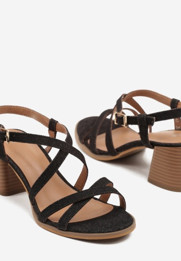 Czarne Sandały na Obcasie z Ozdobnymi Paskami Asfitra