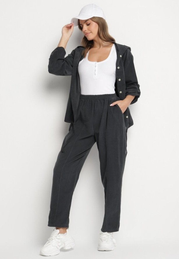 Ciemnoszare Klasyczne Spodnie z Bawełny z Wysokim Stanem Isesi