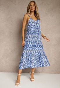 Niebieska Bawełniana Sukienka w Geometryczny Wzór Koloniela