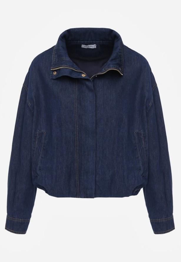 Niebieska Przejściowa Kurtka Jeansowa Balloon z Bawełny z Kołnierzykiem Abijena