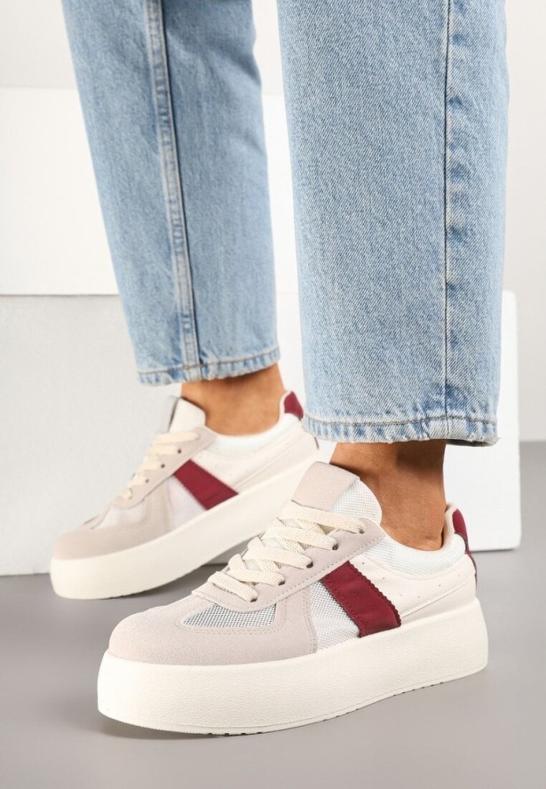 Beżowo-Bordowe Sneakersy Typu Kultowe Tenisówki na Grubej Podeszwie Nanessa