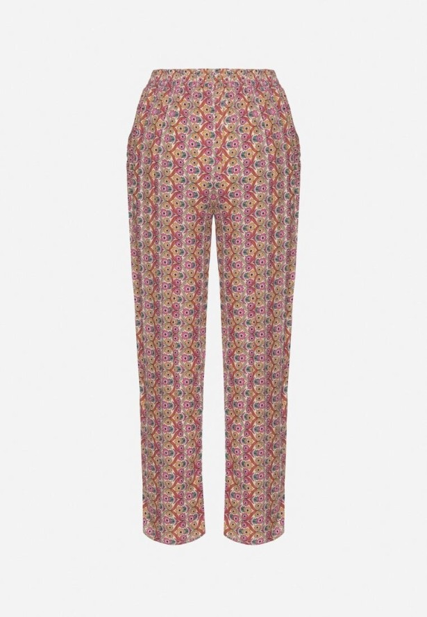 Różowe Bawełniane Spodnie z Wiązaniem i Gumką w Talii w Geometryczny Wzór Ivelriz