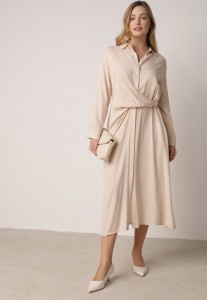 Beżowa Wiskozowa Sukienka Koszulowa z Marszczeniem i Guzikiem w Talii Lennatha