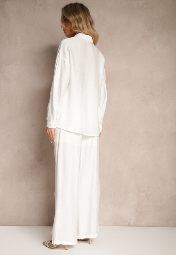 Biały Komplet z Wiskozą Szerokie Spodnie i Koszula z Haftem Etno Nolabina