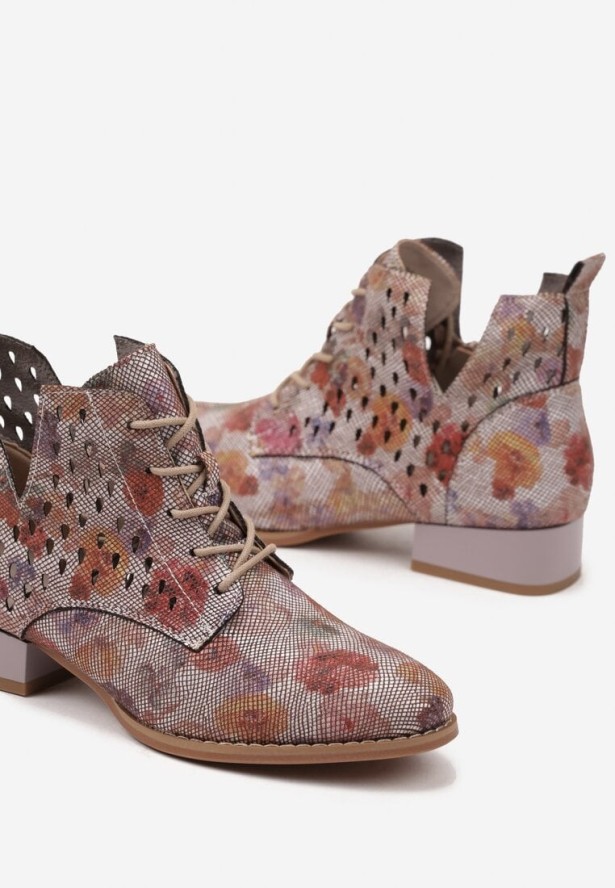 Szaro-Czerwone Ażurowe Botki ze Skórzaną Wkładką z Wycięciem Nanalitia