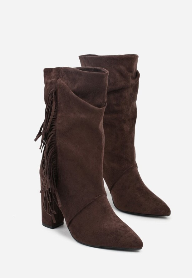 Brązowe Botki w Stylu Kowbojek na Obcasie Ozdobione Frędzlami Reitania