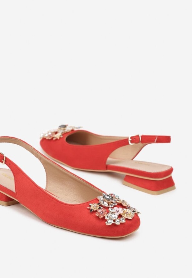 Czerwone Czółenka Slingnback Vices z Cyrkoniami i Wkładką ze Skóry Eklina