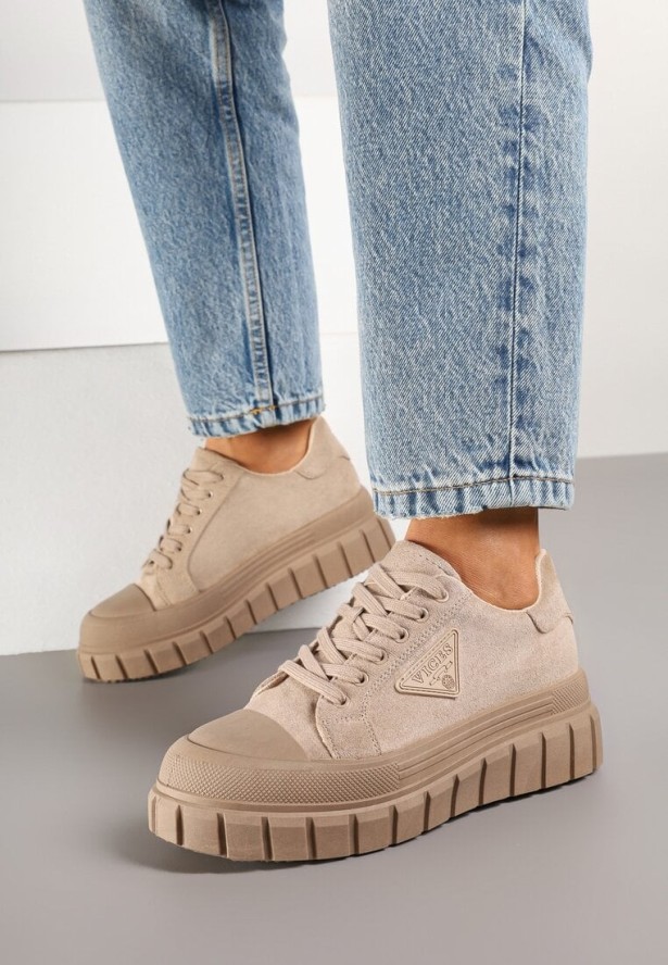 Ciemnobeżowe Sneakersy Vices na Grubej Podeszwie z Geometryczną Aplikacją Leanae