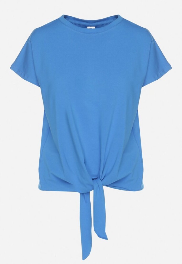 Jasnoniebieski T-shirt z Bawełny z Ozdobnym Wiązaniem Sunitra