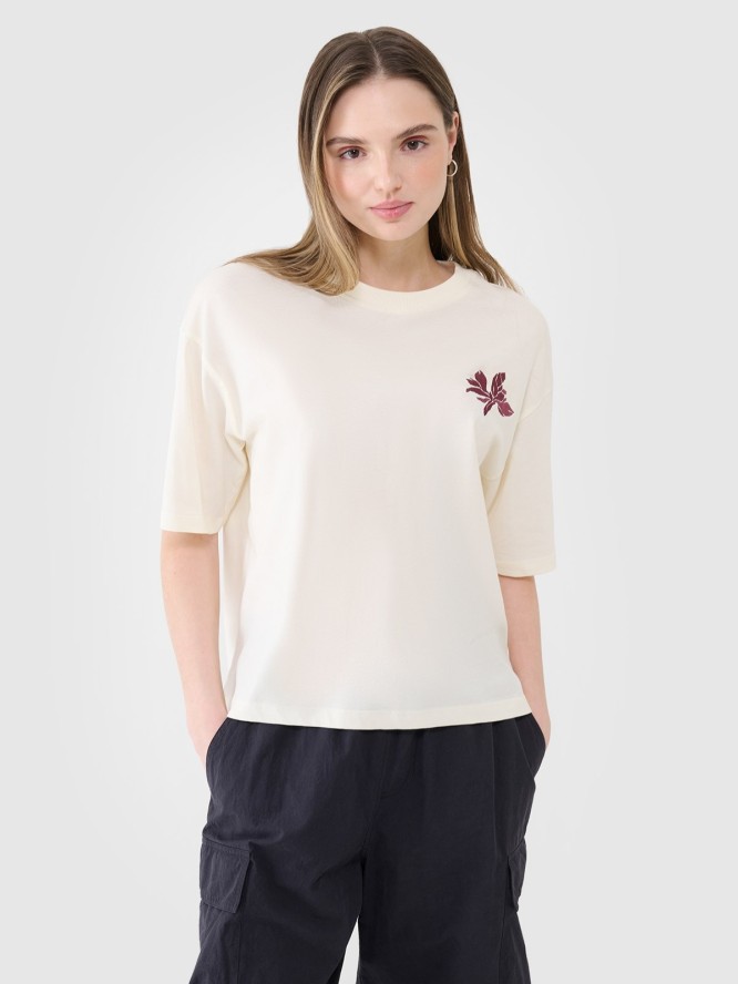 4F T-shirt oversize z nadrukiem damski - biały XS