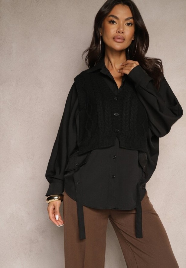 Czarna Koszula Nietoperz z Naszytą Kamizelką z Dzianiny Hanoreth