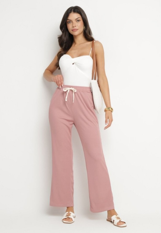 Różowe Spodnie z Gumką w Pasie i Szeroką Nogawką Mironia
