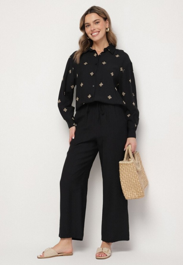 Czarny Komplet z Wiskozy o Kroju Oversize Koszula z Haftem i Spodnie Sadeonna
